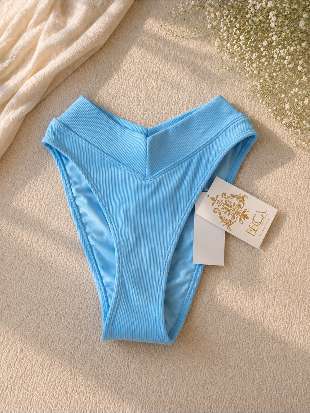BECCA Light Blue Ribbed High-Cut V-Waist Bikini Bottom